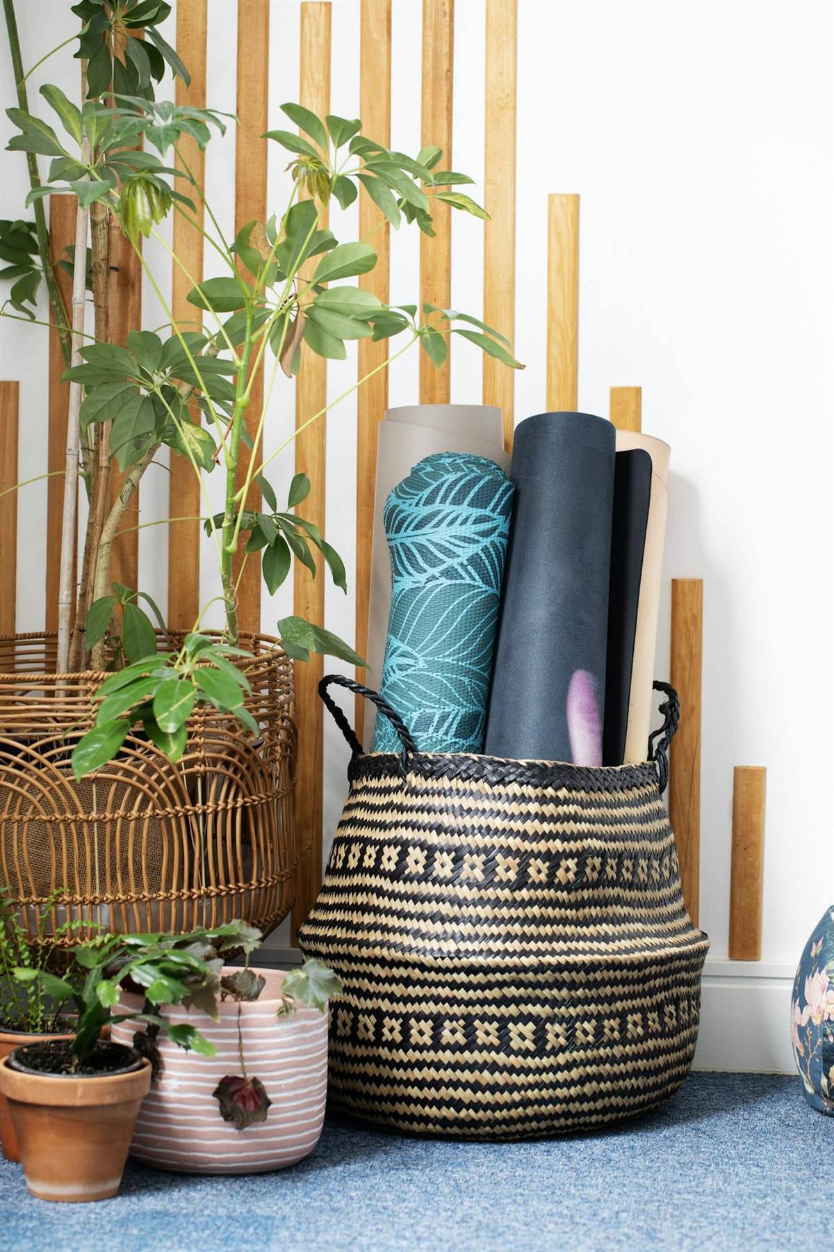 Exercise mats, wooden props and plants at a calm physiotherapy space